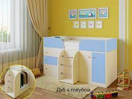 Кровать-чердак Малыш-4 Дуб молочный/Голубой в Барабинске - barabinsk.mebel54.com | фото