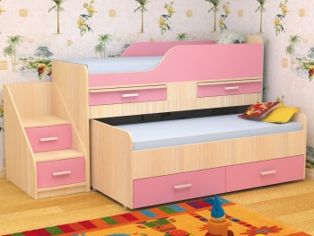 Кровать детская Лесики двухместная 1.8  Дуб молочный/Розовый в Барабинске - barabinsk.mebel54.com | фото