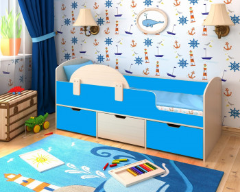 Кровать Малыш-мини с бортиком Дуб молочный/Голубой в Барабинске - barabinsk.mebel54.com | фото