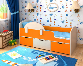 Кровать Малыш-мини с бортиком Дуб молочный/Оранжевый в Барабинске - barabinsk.mebel54.com | фото