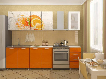 Кухонный гарнитур 1,6м Апельсин (Белый/Оранжевый металлик/Фотопечать апельсин) в Барабинске - barabinsk.mebel54.com | фото