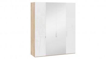 Шкаф комбинированный с 2 глухими и 2 зеркальными дверями «Эмбер» Яблоня Беллуно/Белый глянец в Барабинске - barabinsk.mebel54.com | фото